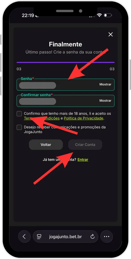 5. Senha e confirmação de 18+